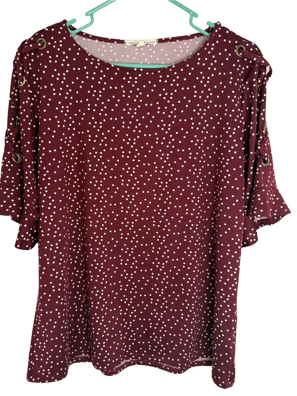 3/$20 Above & Beyond Burgundy and White Polka Dot Elbow Sleeve Blouse
